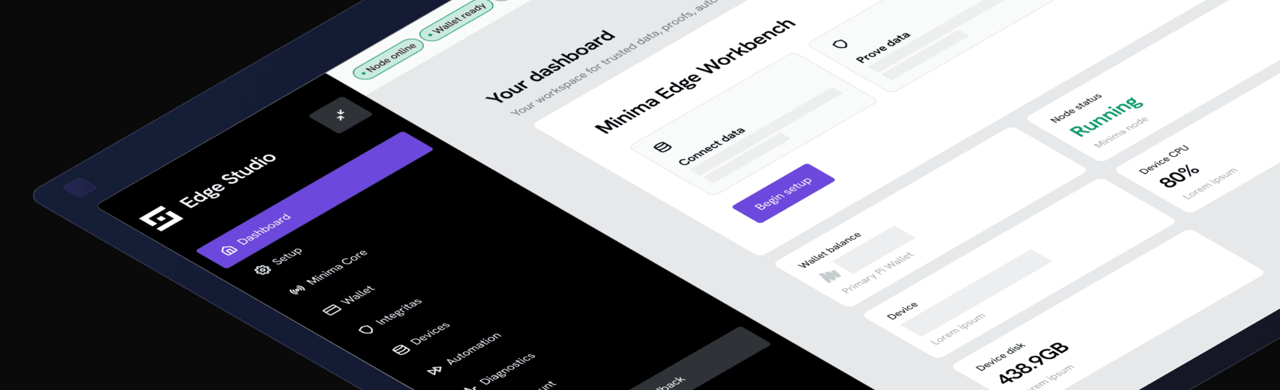 Edge Studios dashboard showing the Minima Edge Workbench with node, wallet and device status panels